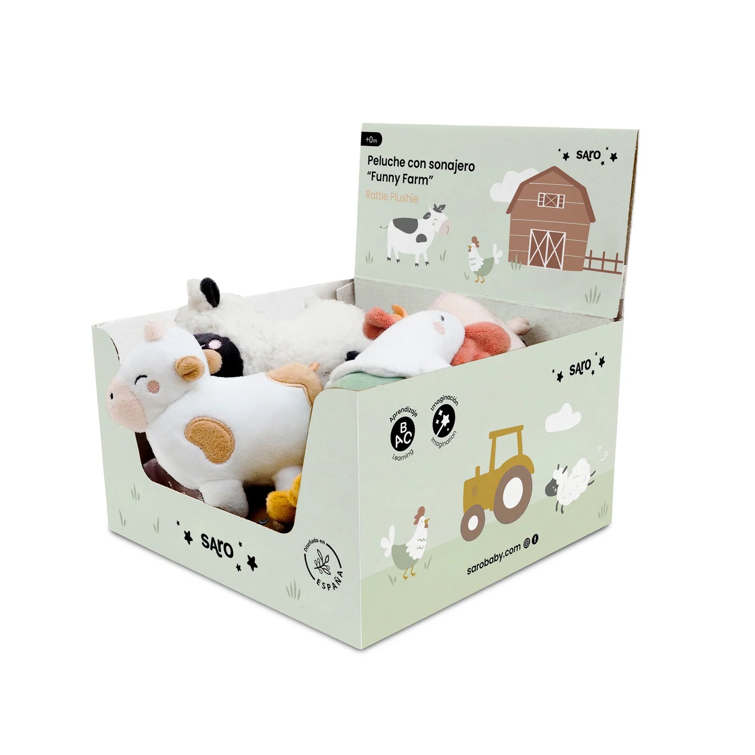 Peluche pequeño con sonajero "animales de la granja" (modelos surtidos) · Saro