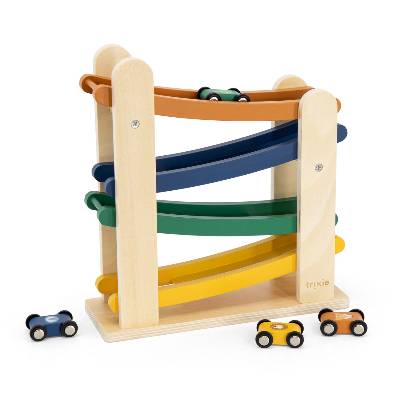 Pista de carreras de madera con 4 coches · Trixie
