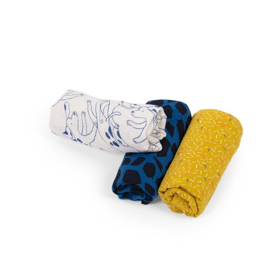 Set de 3 muselinas (azul/amarillo/perros azules) Puce&Pilou · Moulin Roty